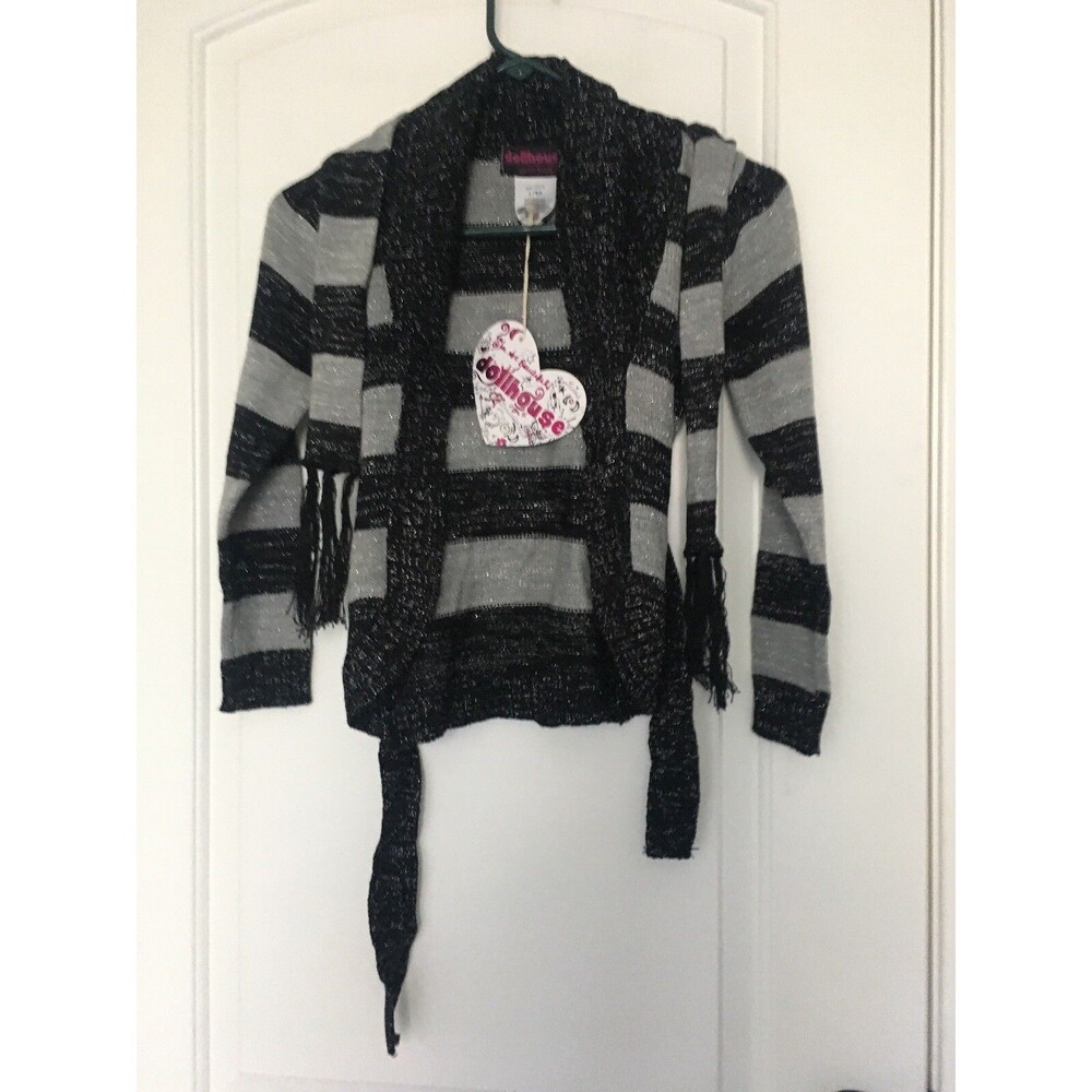 Dollhouse Girls Striped Open Front Sweater with Attached Scarf Size L Black Gray